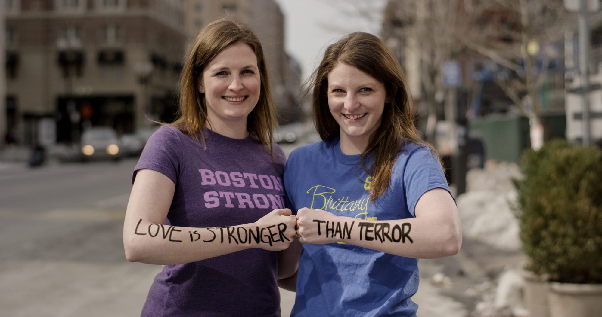 Alyssa & Brittany Loring - Dear World portrait at the Boston Marathon finish line