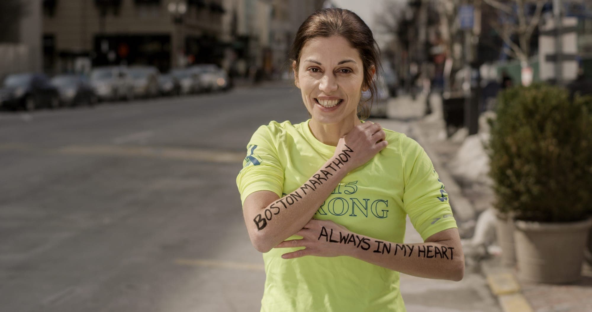 Angela Papageorgiou - Dear World portrait at the Boston Marathon finish line