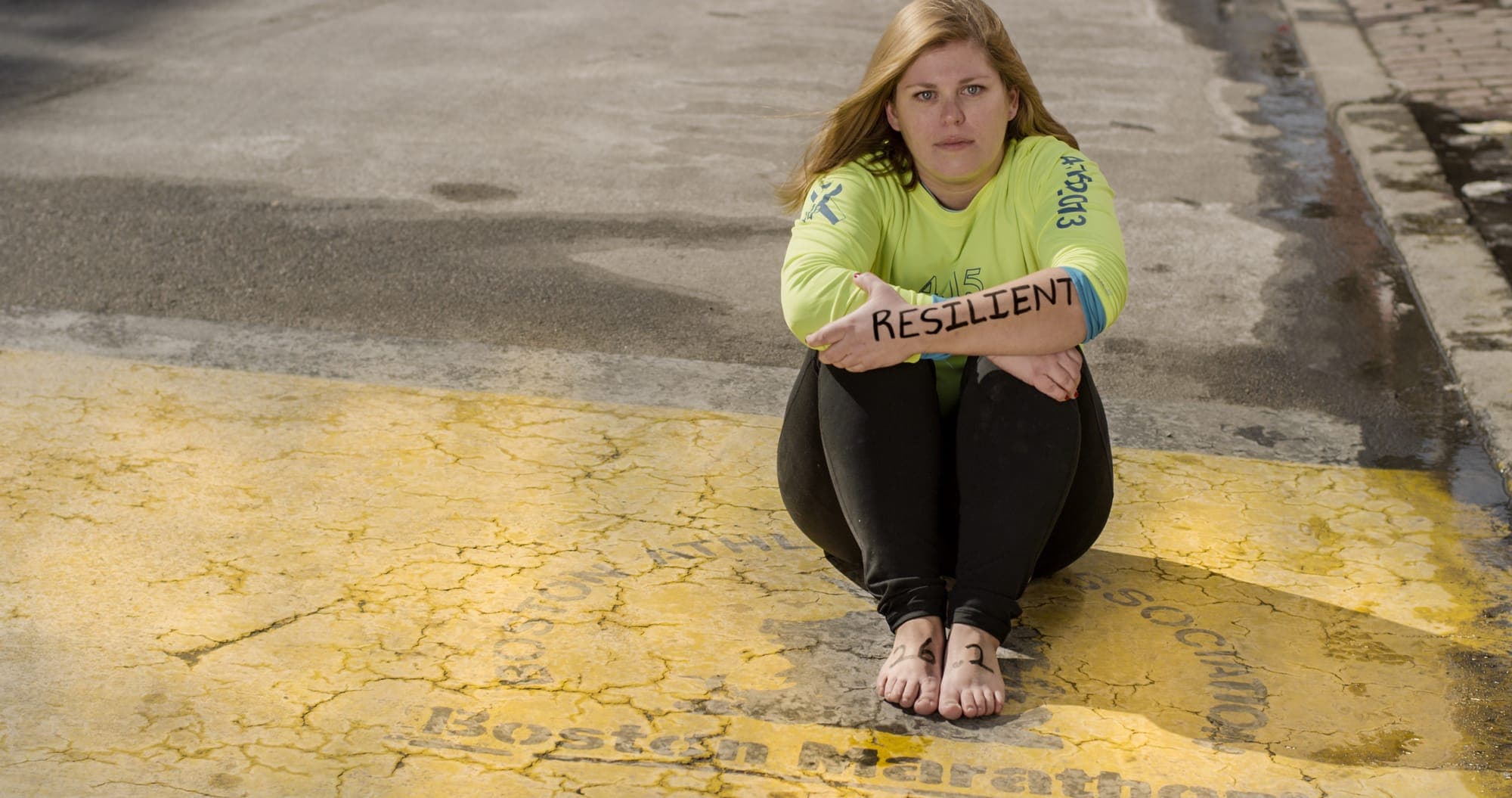 Elizabeth Bermingham - Dear World portrait at the Boston Marathon finish line
