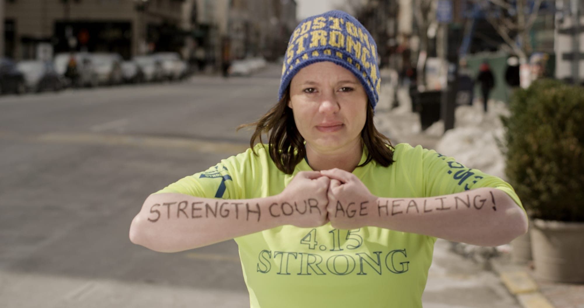 Dear World portrait from the Boston Marathon finish line
