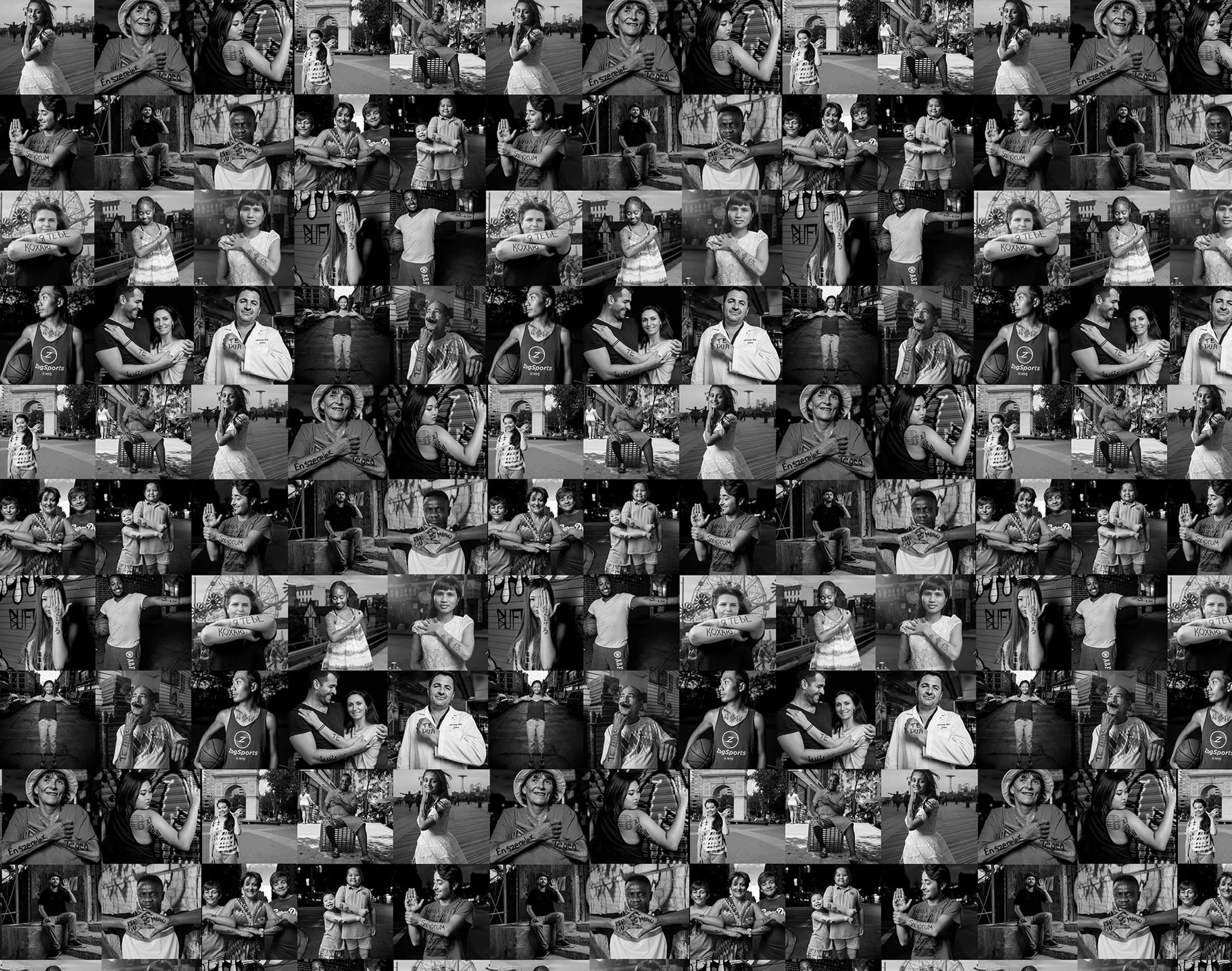 A black-and-white mosaic of New Yorkers showing how they say I love you — Dear World, How to Say I Love You