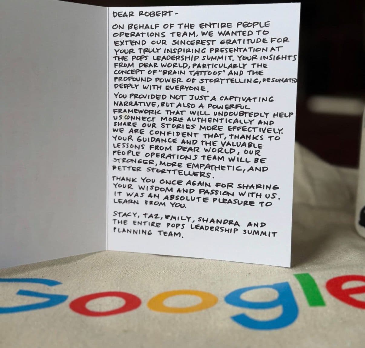 Handwritten thank-you card from Google's People Operations Leadership Summit team to Robert X. Fogarty