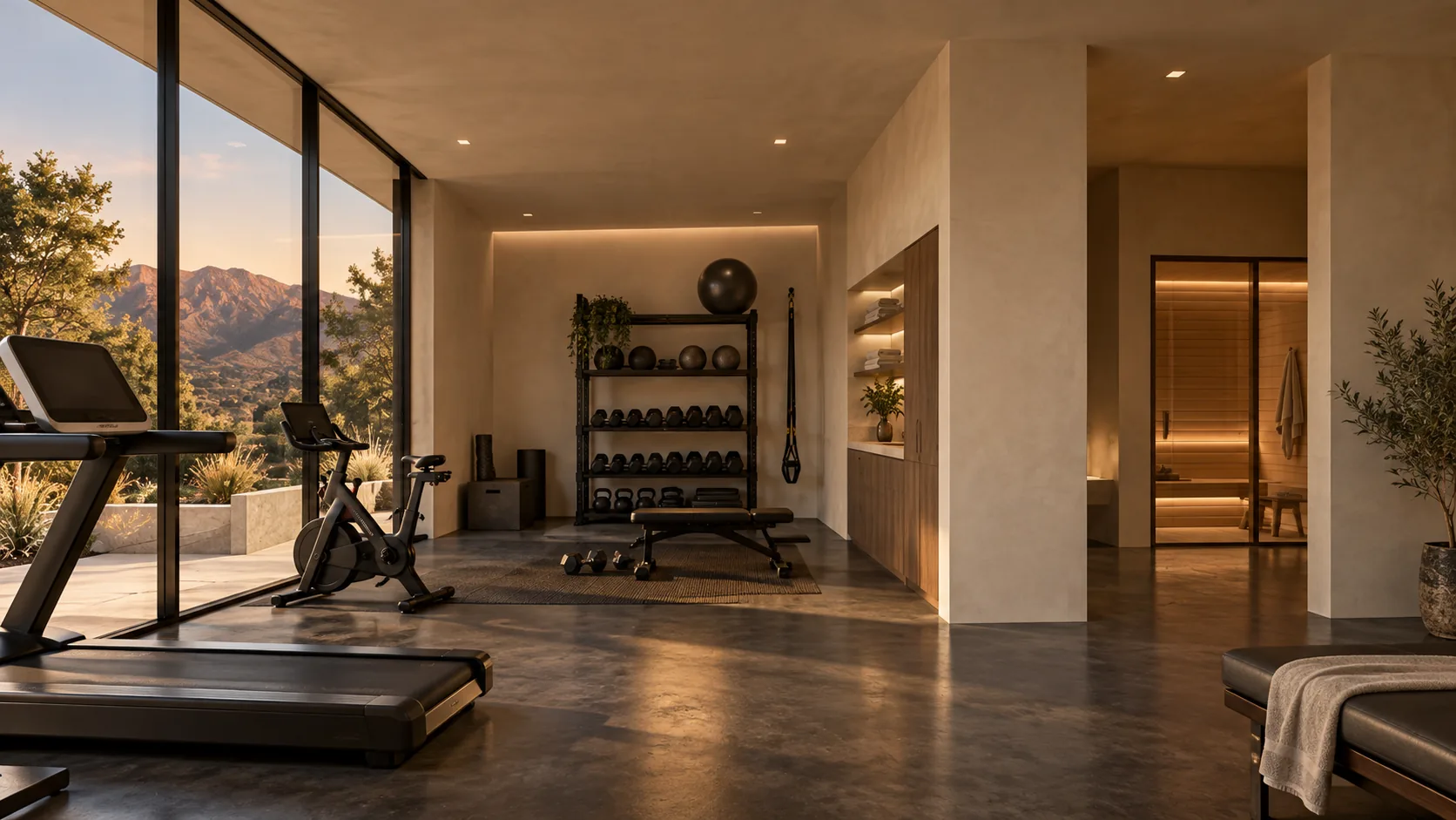 The training room and sauna, open to the mountains