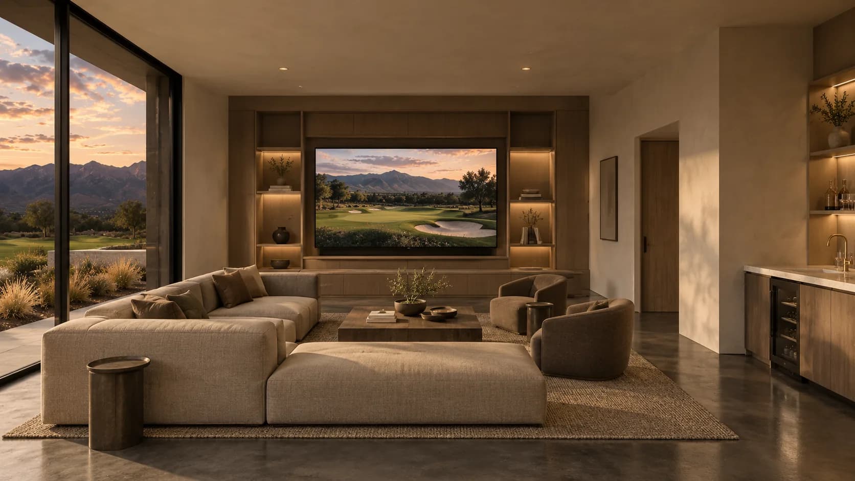 The member lounge at dusk, open to the mountains