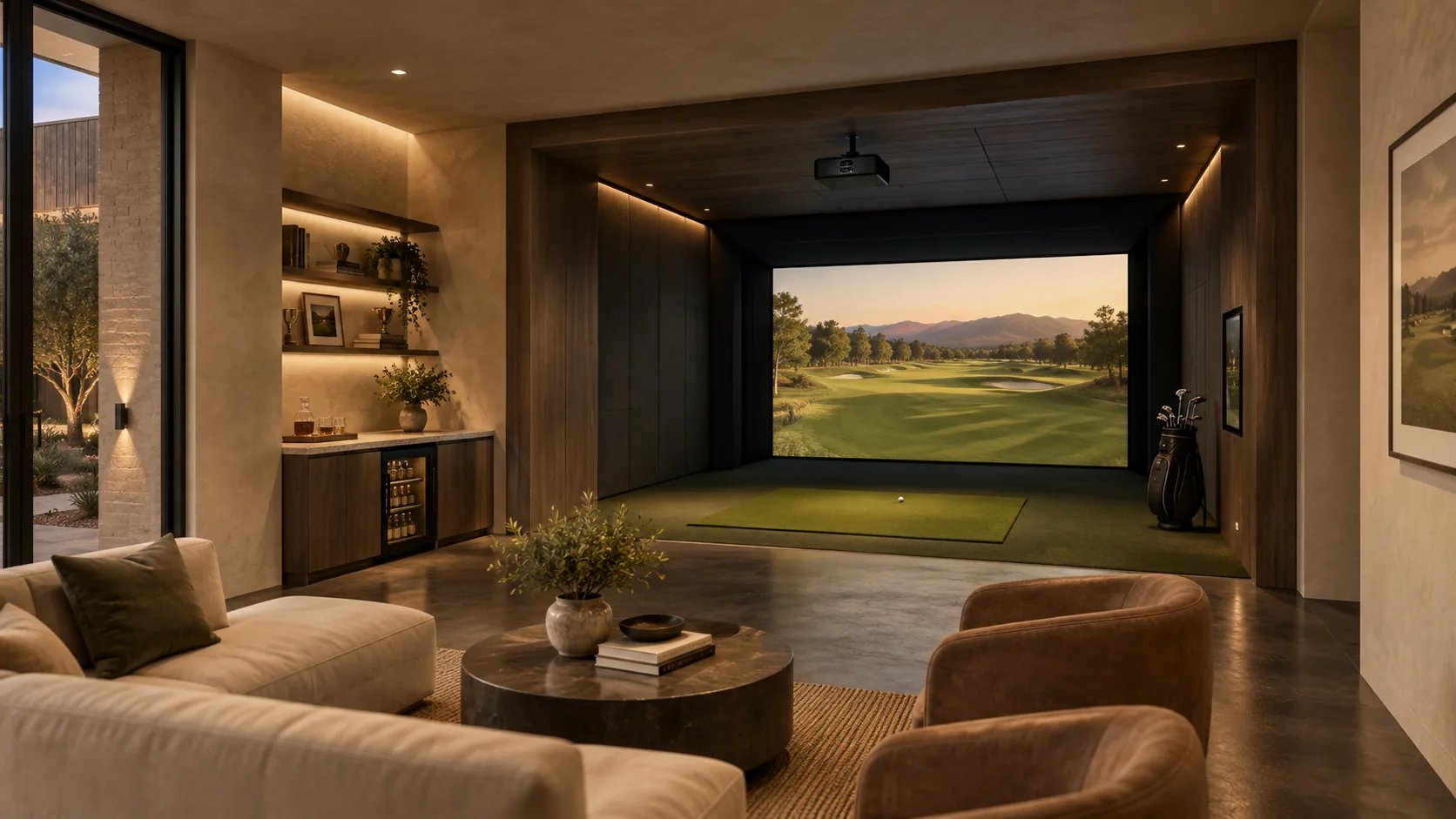 The golf simulator annex, 14-foot ceilings and lounge seating